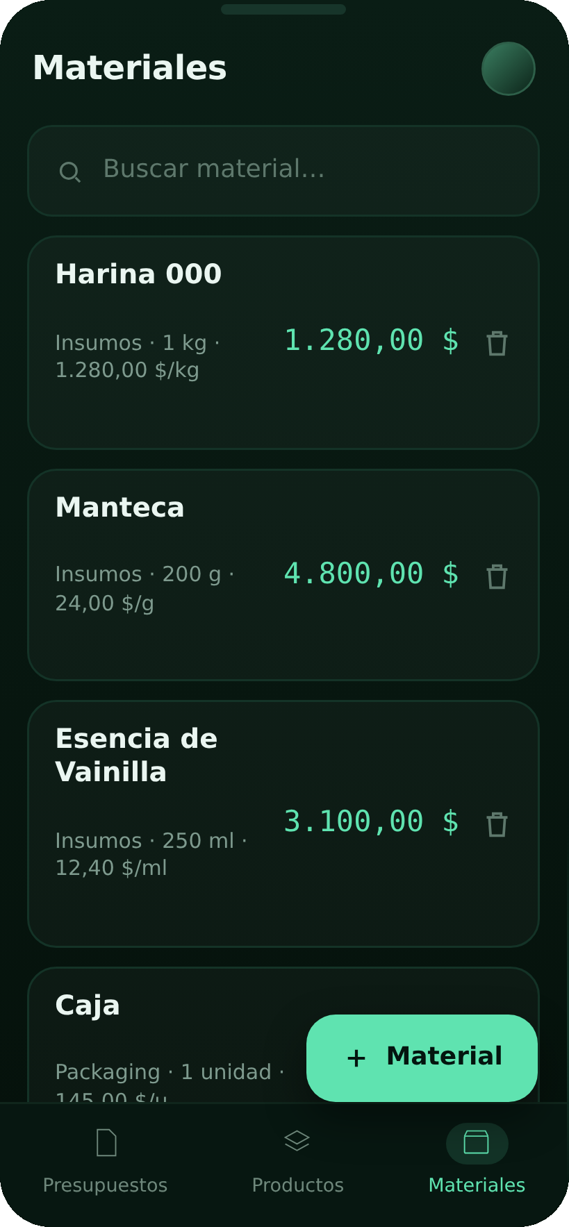 Pantalla de Materiales de Cotizapp