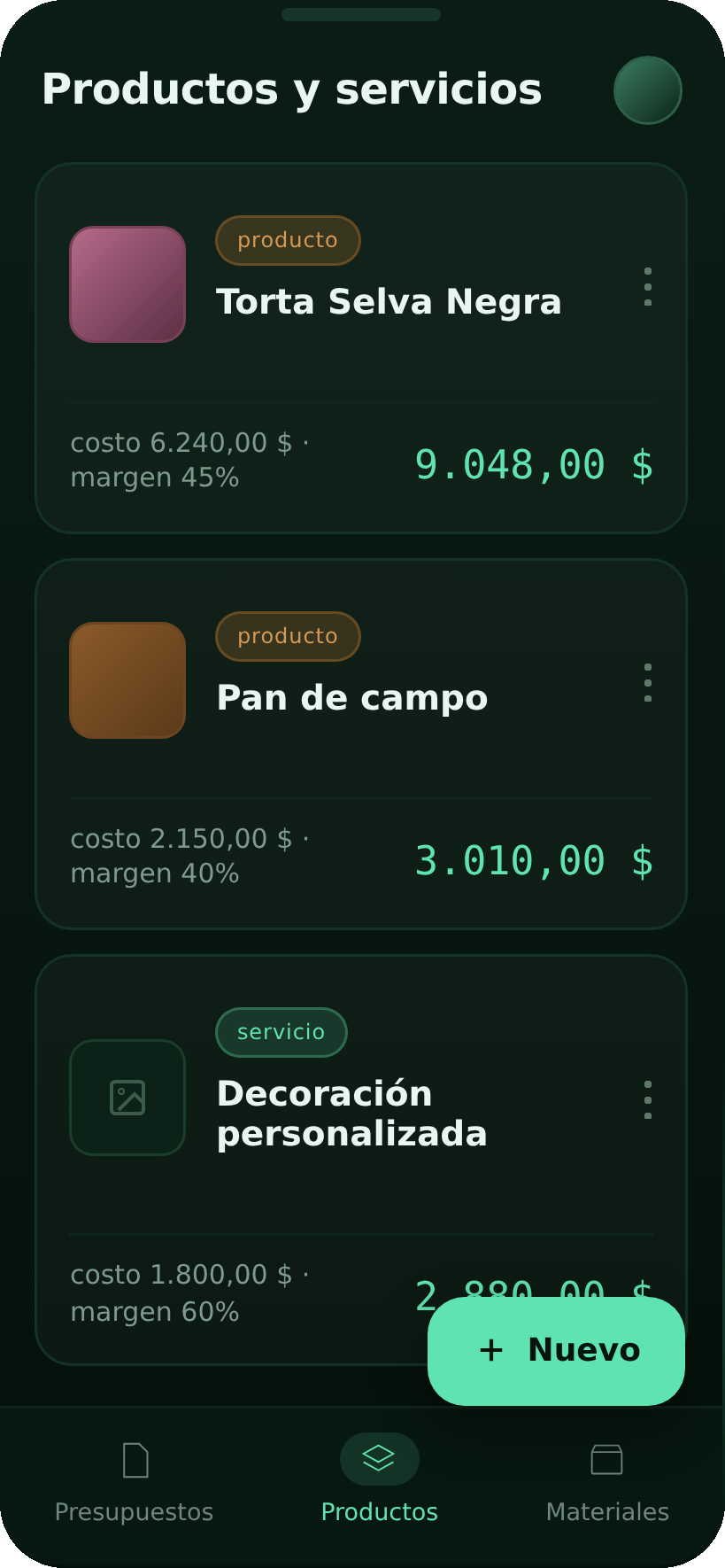 Pantalla de Productos y servicios de Cotizapp